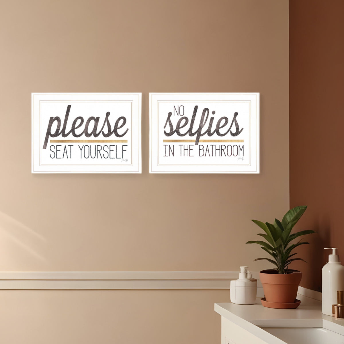 Set Of Two No Selfies When Seated 1 White Framed Print Bathroom Wall Art