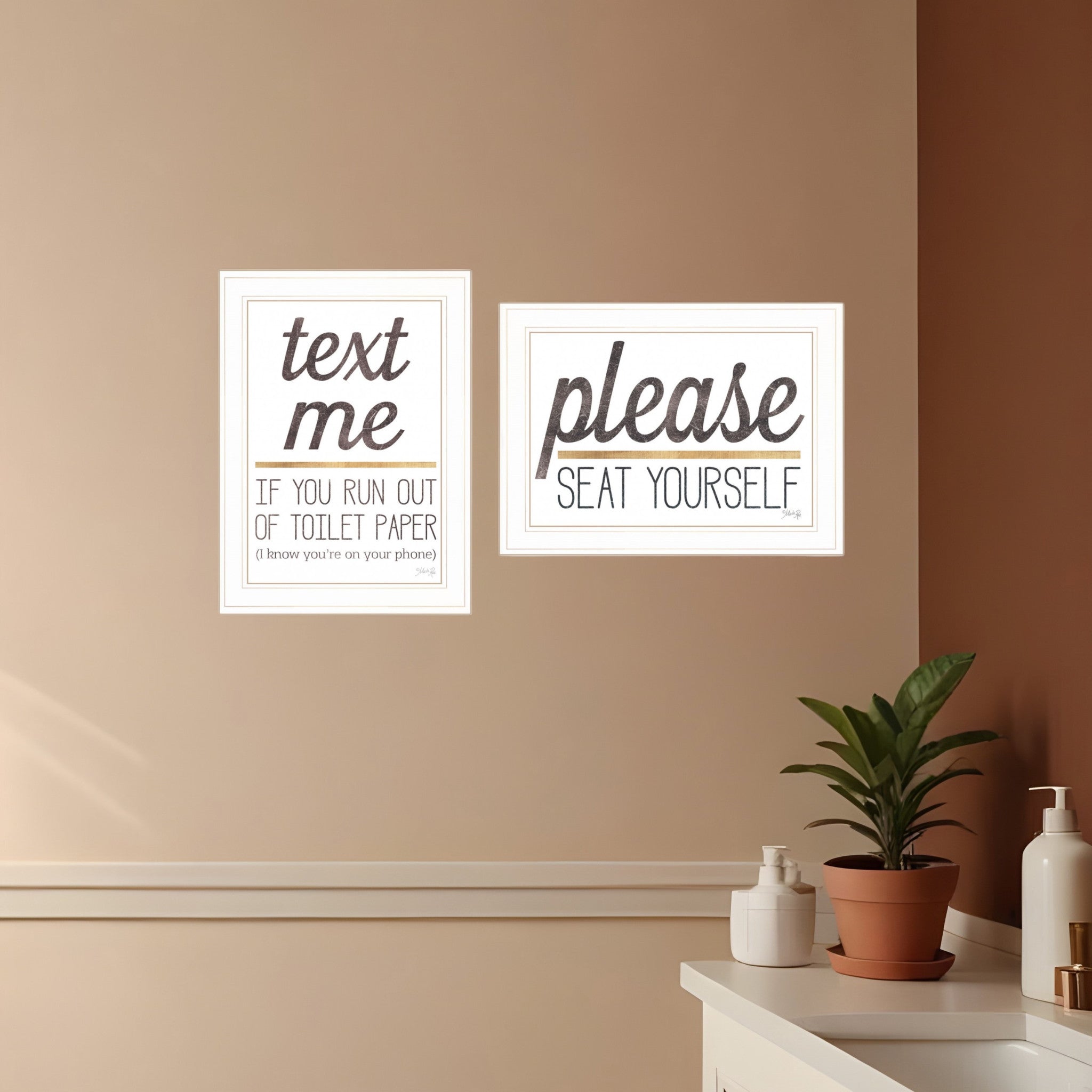 Set Of Two Text Me If You Run Out of Toilet Paper While Seated 1 White Framed Print Wall Art