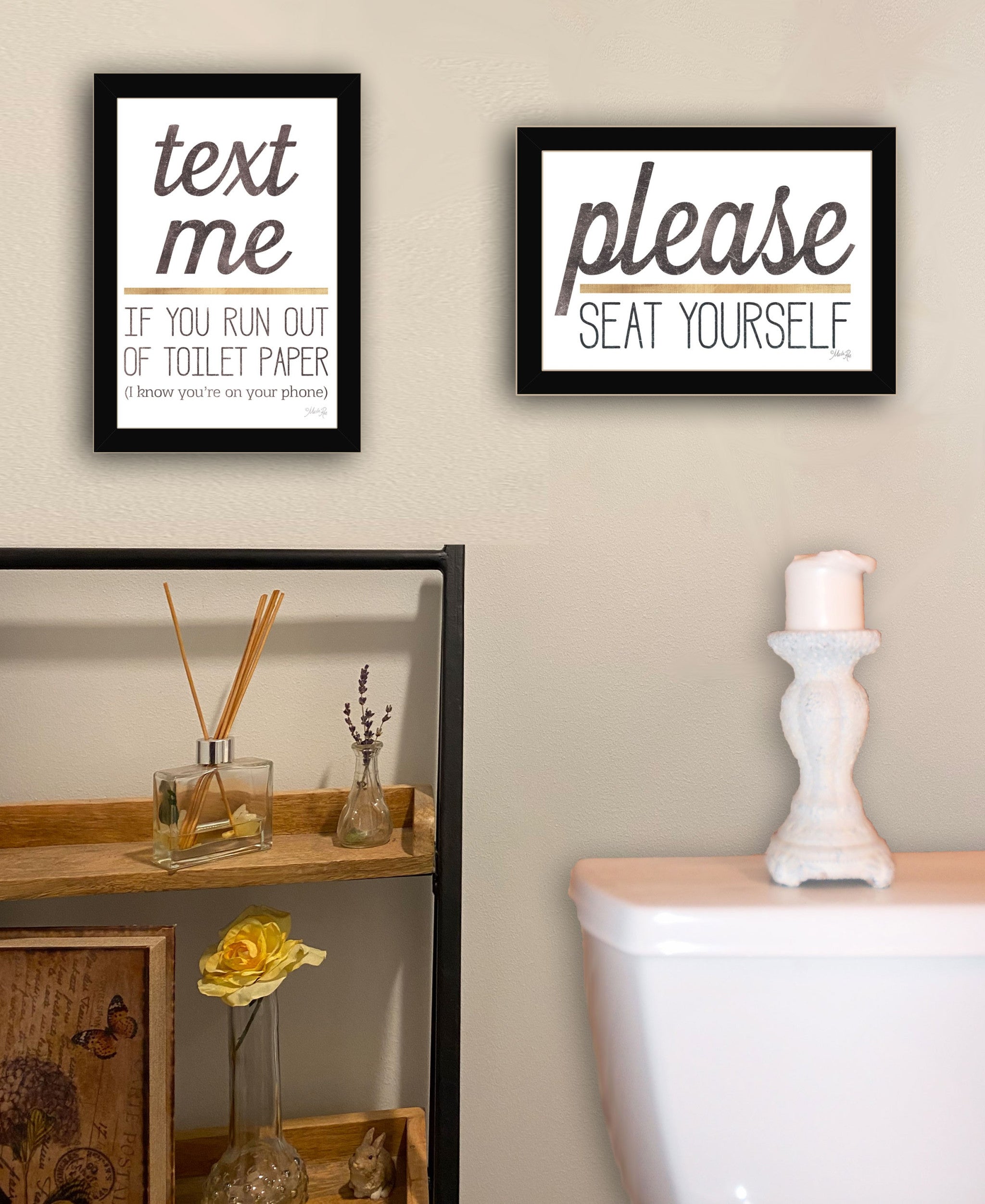 Set Of Two Text Me If You Run Out of Toilet Paper While Seated Black Framed Print Wall Art