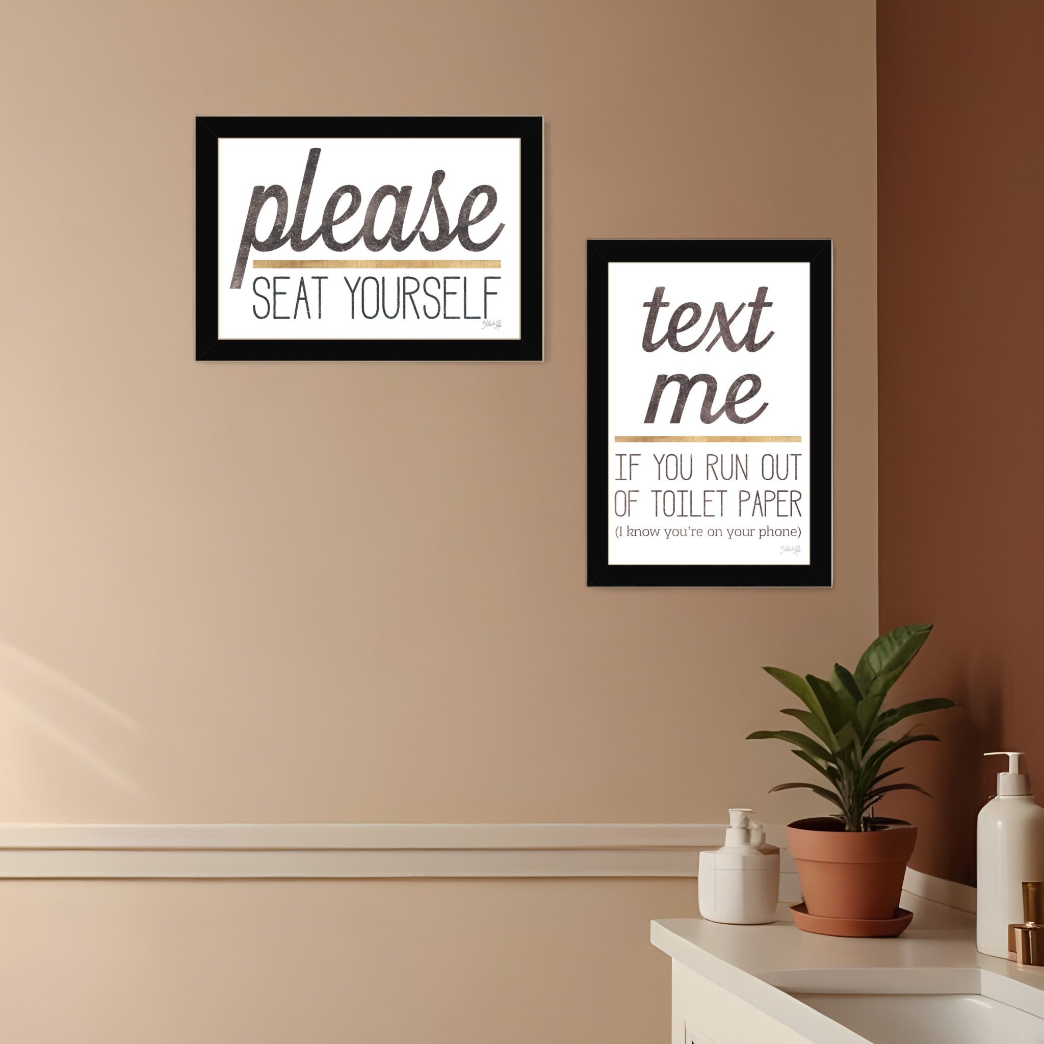 Set Of Two Text Me If You Run Out of Toilet Paper While Seated Black Framed Print Wall Art