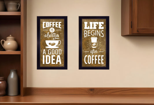 Set Of Two Life Begins and Ends With Coffee Black Framed Print Wall Art