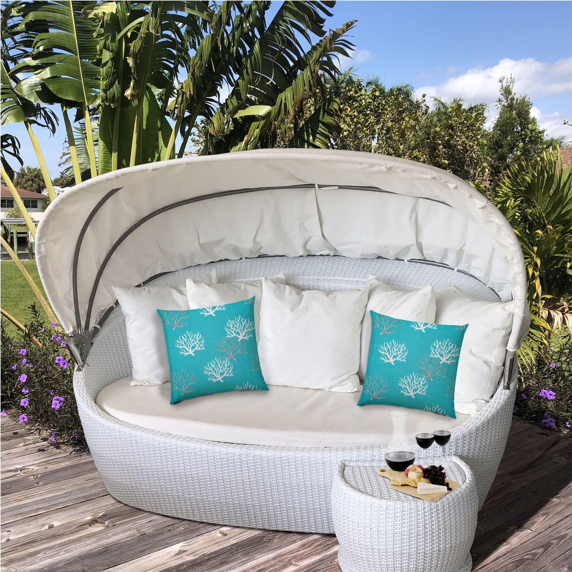 17" X 17" Aqua And White Corals Blown Seam Coastal Lumbar Indoor Outdoor Pillow