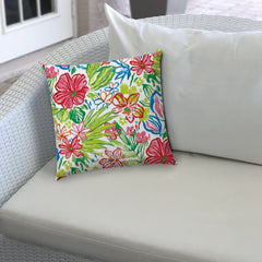 17" X 17" White And Green Blown Seam Floral Lumbar Indoor Outdoor Pillow