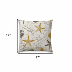 17" Beige and Gold Starfish Coastal Indoor Outdoor Throw Pillow