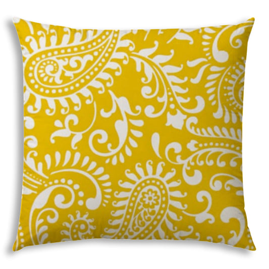 17" Yellow and White Paisley Indoor Outdoor Throw Pillow