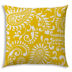 17" Yellow and White Paisley Indoor Outdoor Throw Pillow