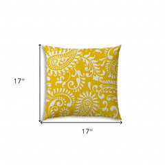 17" Yellow and White Paisley Indoor Outdoor Throw Pillow