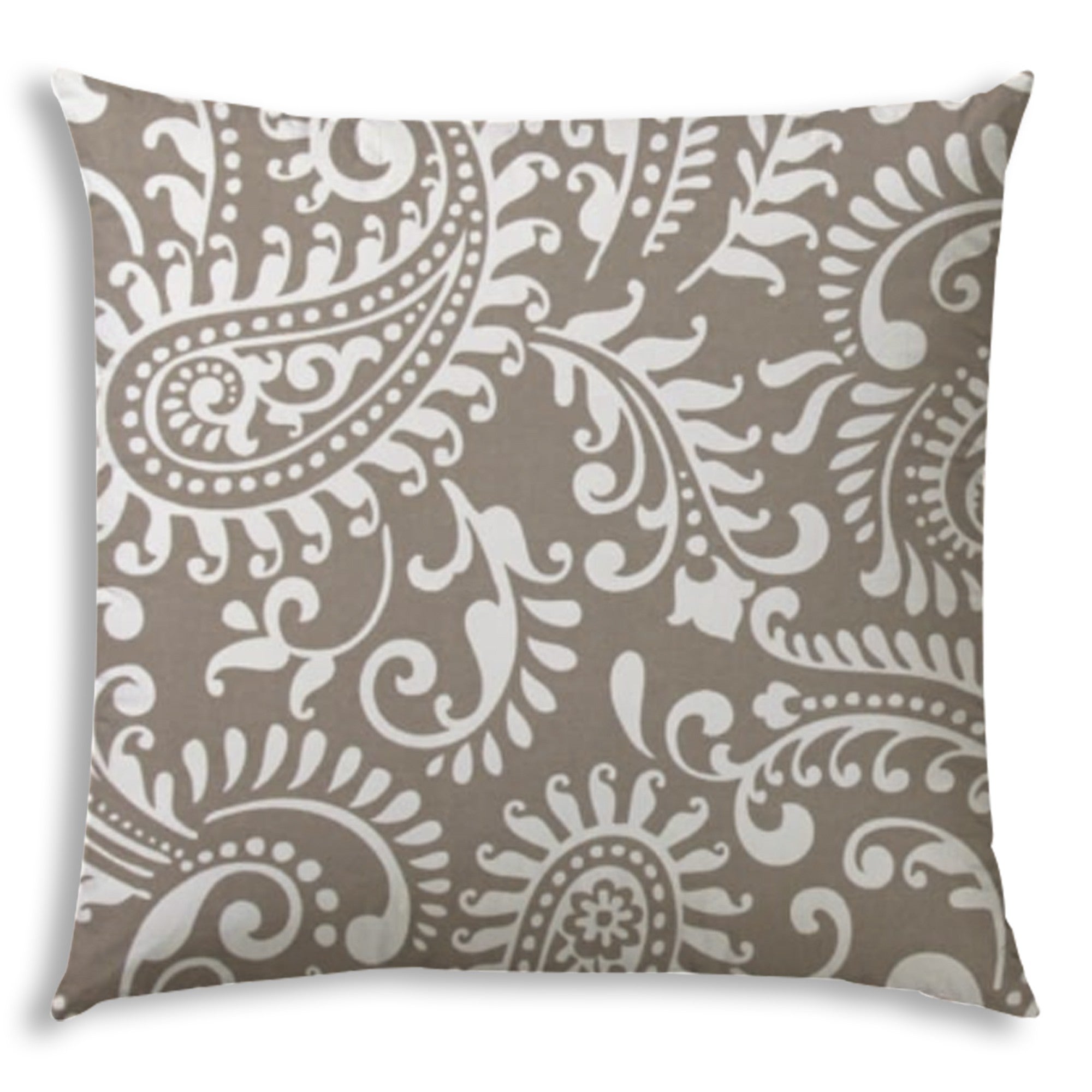 17" X 17" Taupe And White Blown Seam Paisley Lumbar Indoor Outdoor Pillow