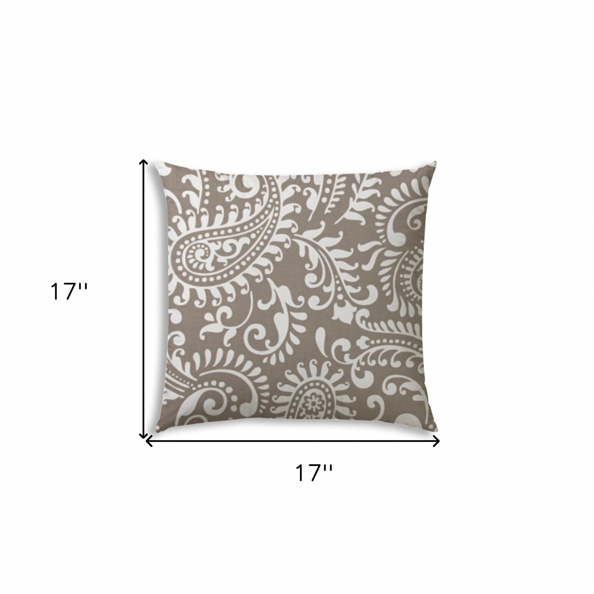 17" X 17" Taupe And White Blown Seam Paisley Lumbar Indoor Outdoor Pillow