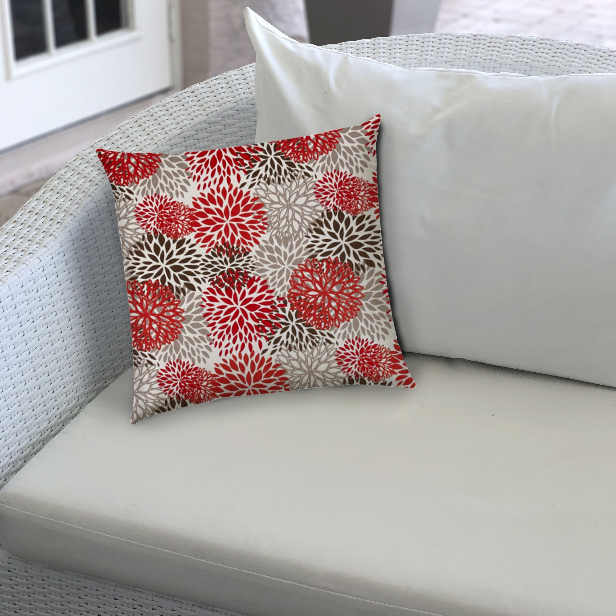 17" X 17" Red And White Blown Seam Floral Lumbar Indoor Outdoor Pillow