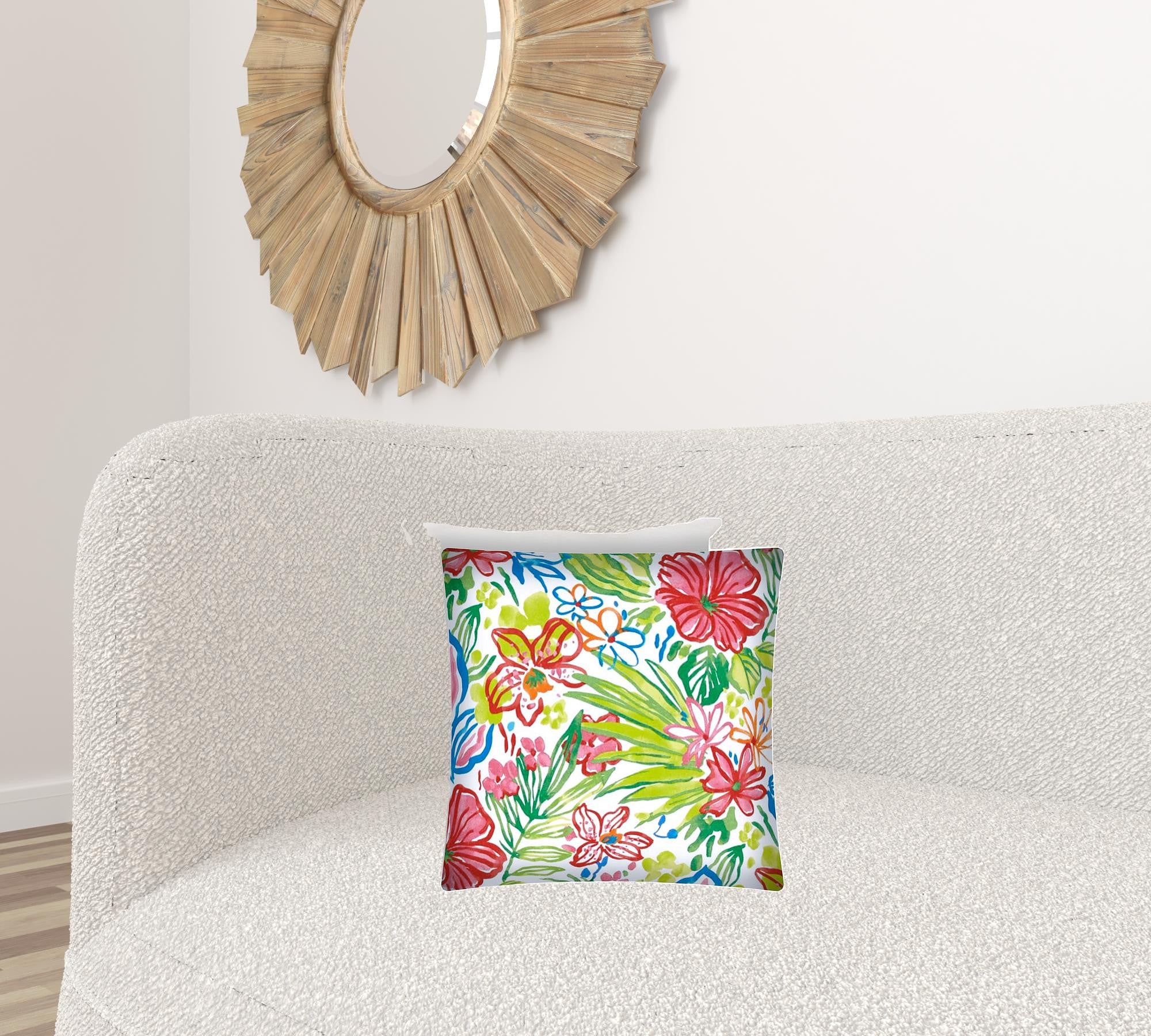 17" X 17" White And Green Zippered Floral Throw Indoor Outdoor Pillow