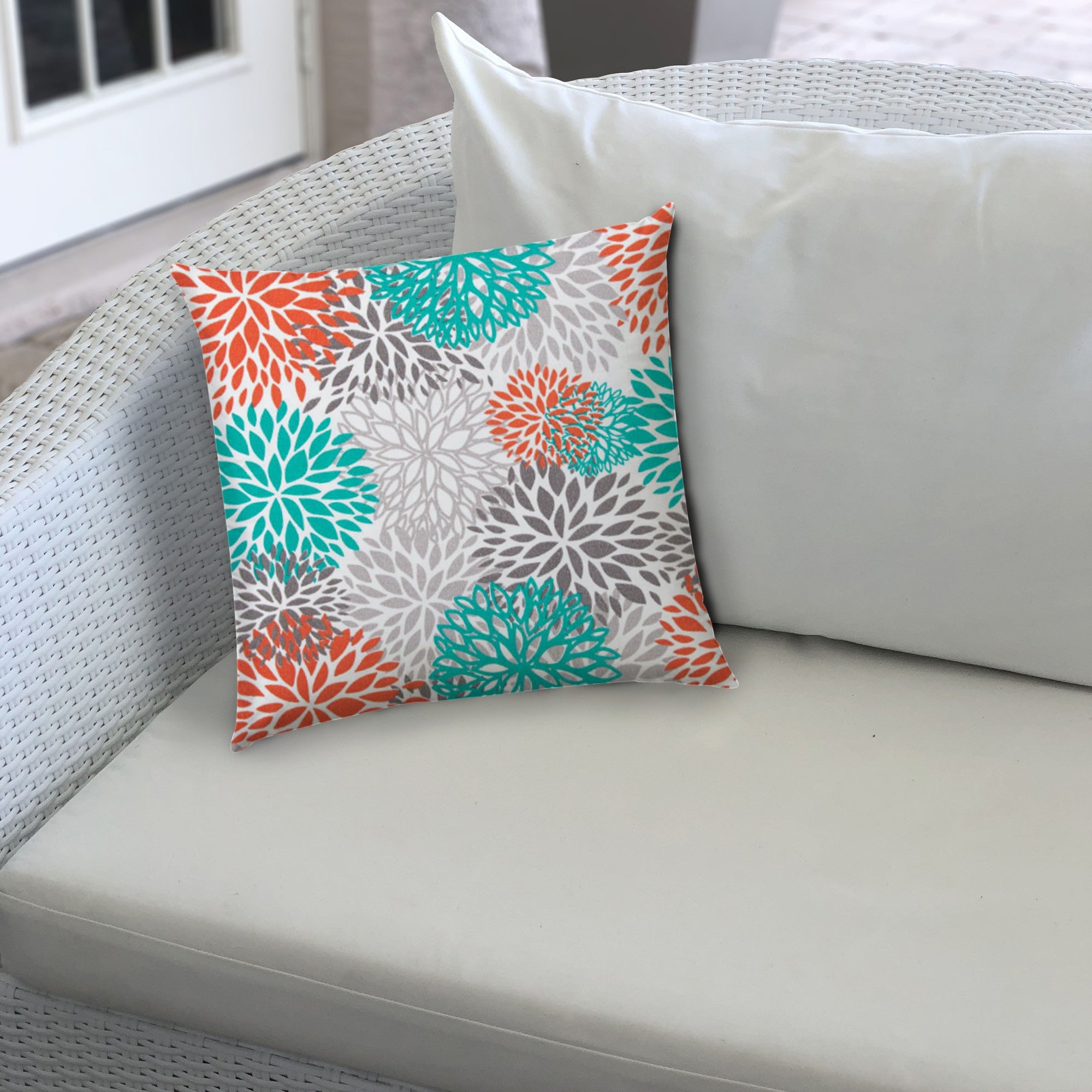 20" X 20" Orange And White Blown Seam Floral Throw Indoor Outdoor Pillow