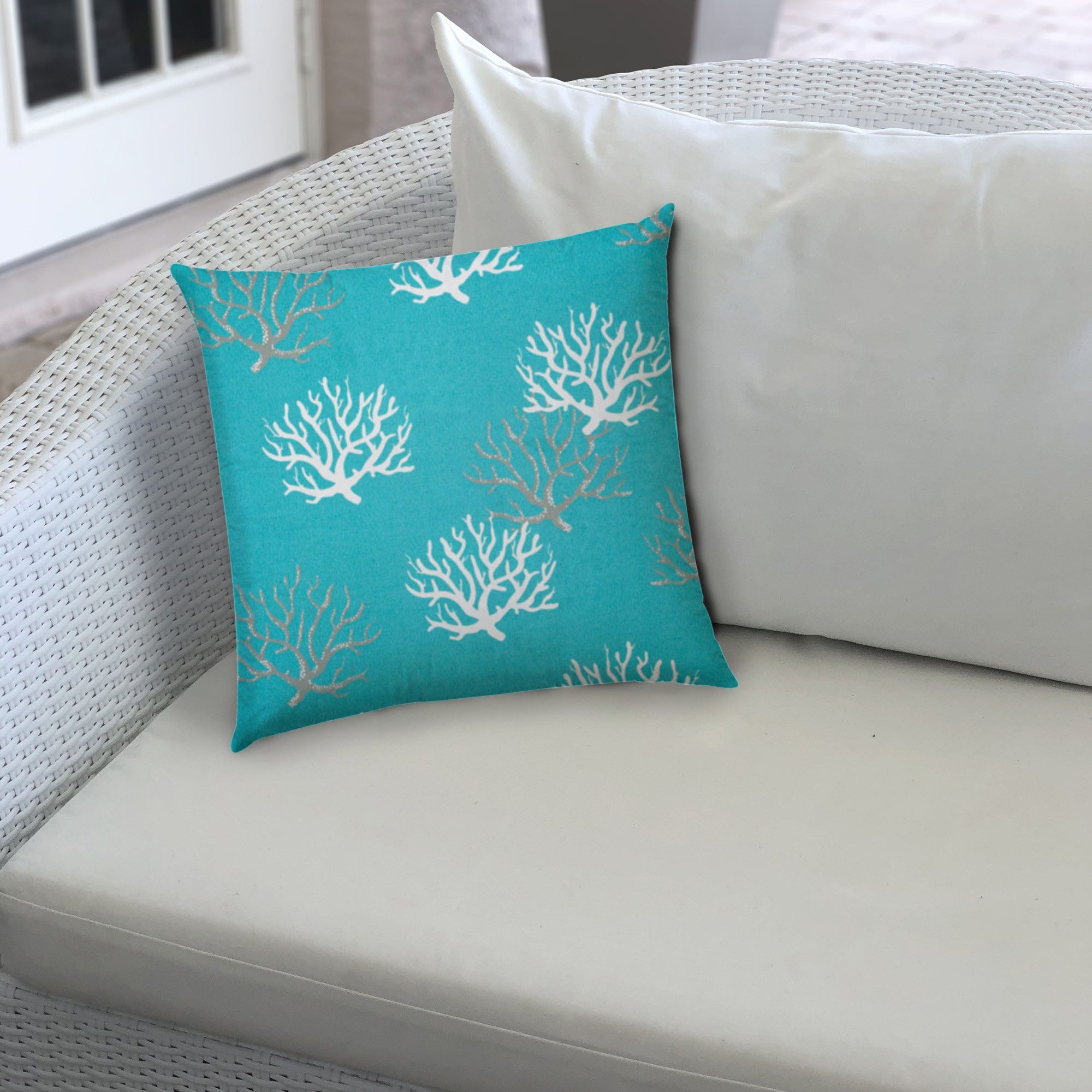 20" X 20" Aqua And White Corals Blown Seam Coastal Throw Indoor Outdoor Pillow