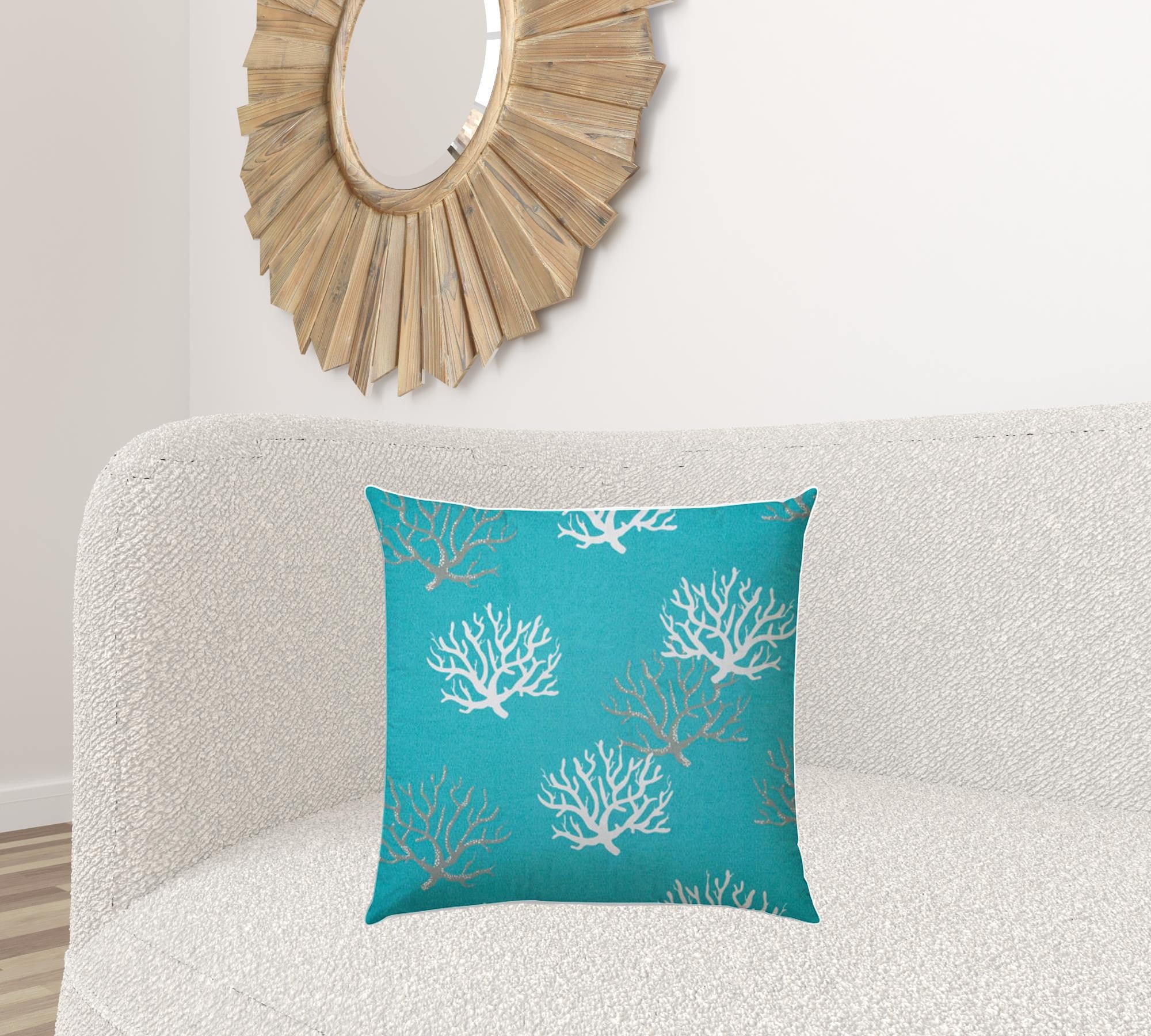 20" X 20" Aqua And White Corals Blown Seam Coastal Throw Indoor Outdoor Pillow