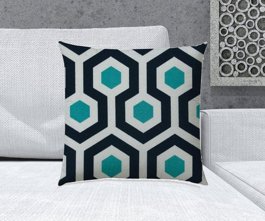 20" X 20" White And Aqua Blown Seam Trellis Throw Indoor Outdoor Pillow