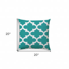 20" X 20" Turquoise And White Blown Seam Quatrefoil Throw Indoor Outdoor Pillow