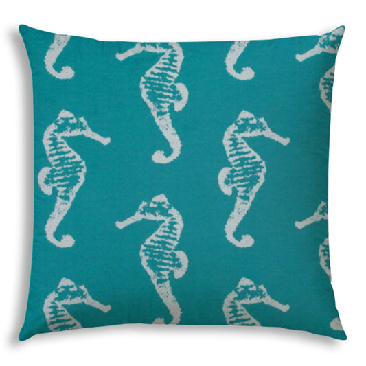 20" X 20" Turquoise And White Seahorse Blown Seam Coastal Throw Indoor Outdoor Pillow