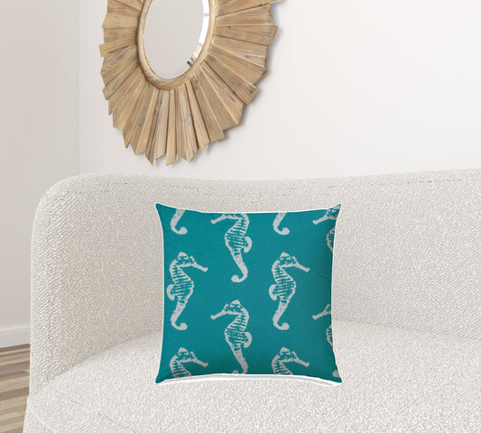 20" X 20" Turquoise And White Seahorse Blown Seam Coastal Throw Indoor Outdoor Pillow