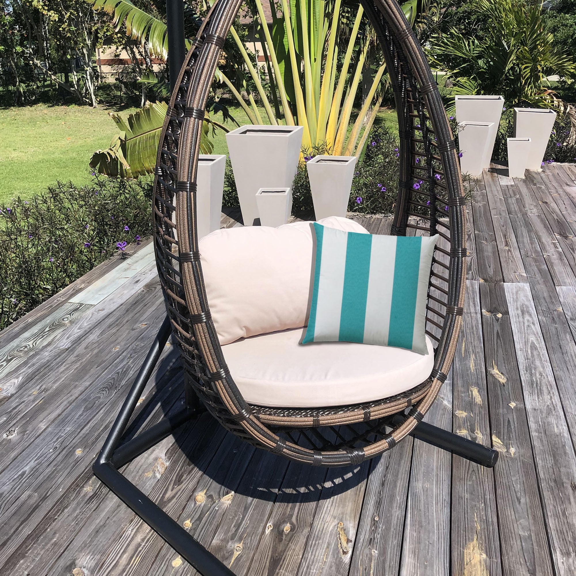 20" X 20" Turquoise And White Blown Seam Striped Throw Indoor Outdoor Pillow