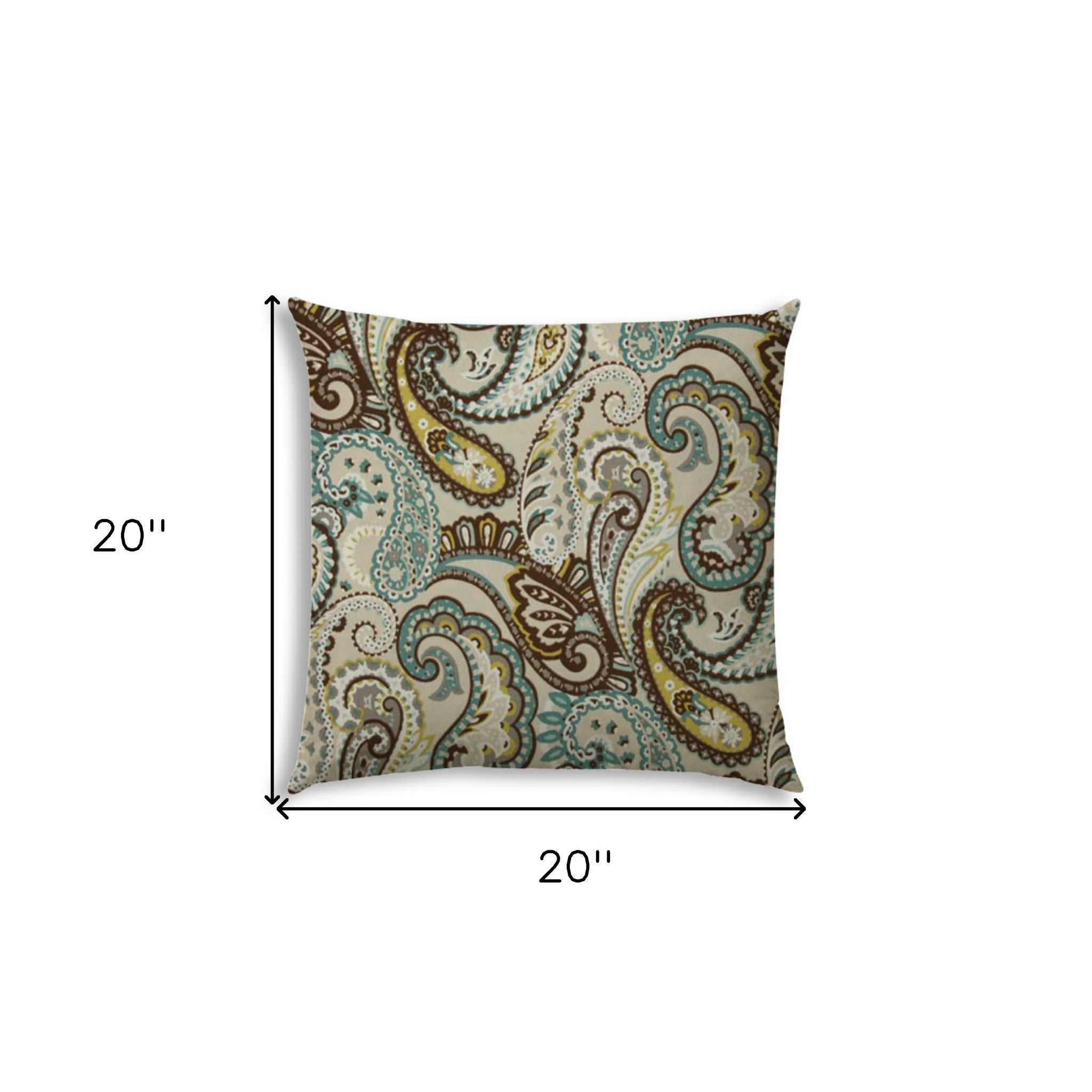 20" X 20" Brown And Teal Blown Seam Paisley Throw Indoor Outdoor Pillow