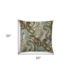 20" X 20" Brown And Teal Blown Seam Paisley Throw Indoor Outdoor Pillow