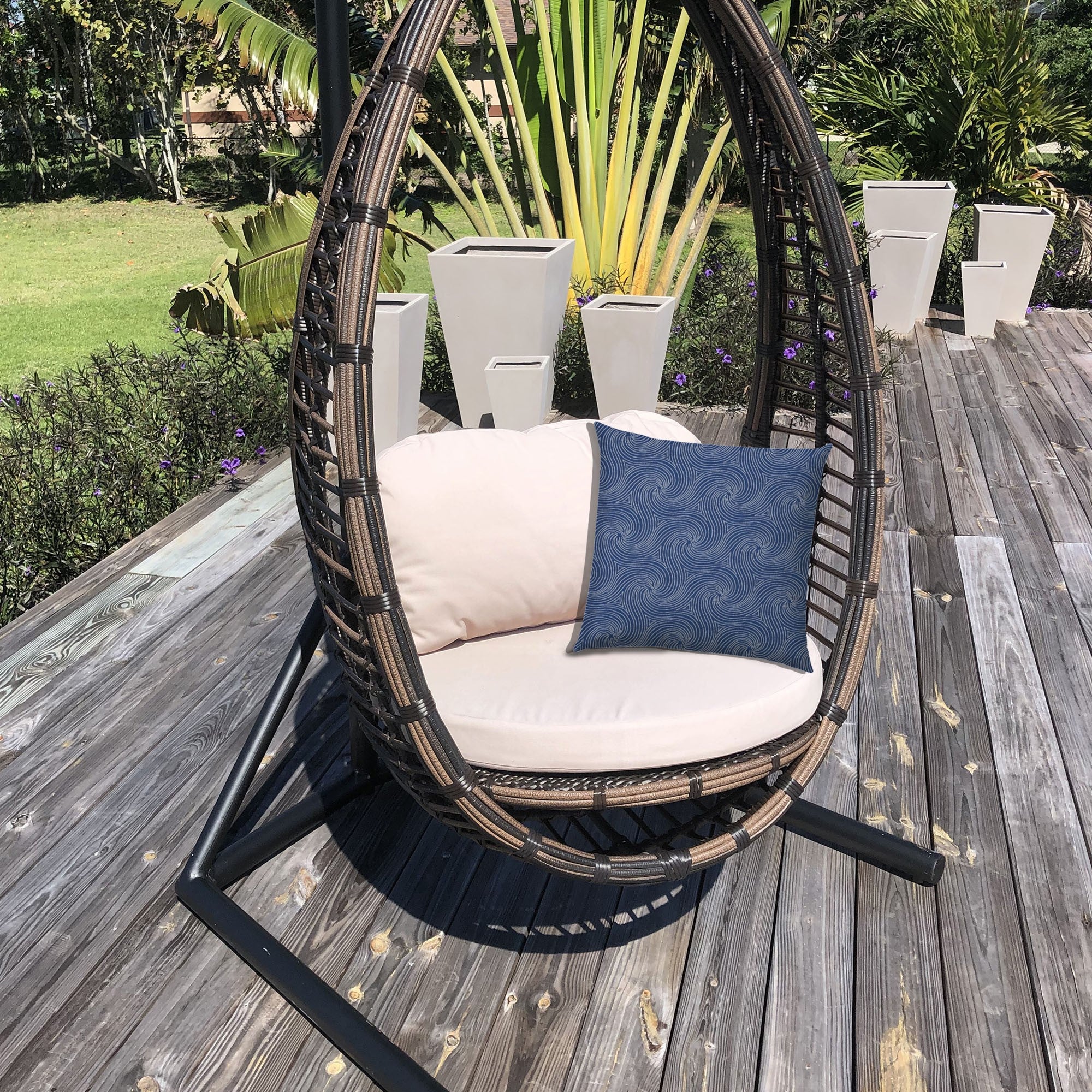 20" X 20" Blue And White Blown Seam Swirl Throw Indoor Outdoor Pillow