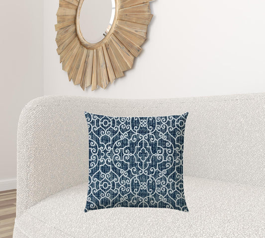 20" X 20" Indigo And Navy Blown Seam Stencil Throw Indoor Outdoor Pillow