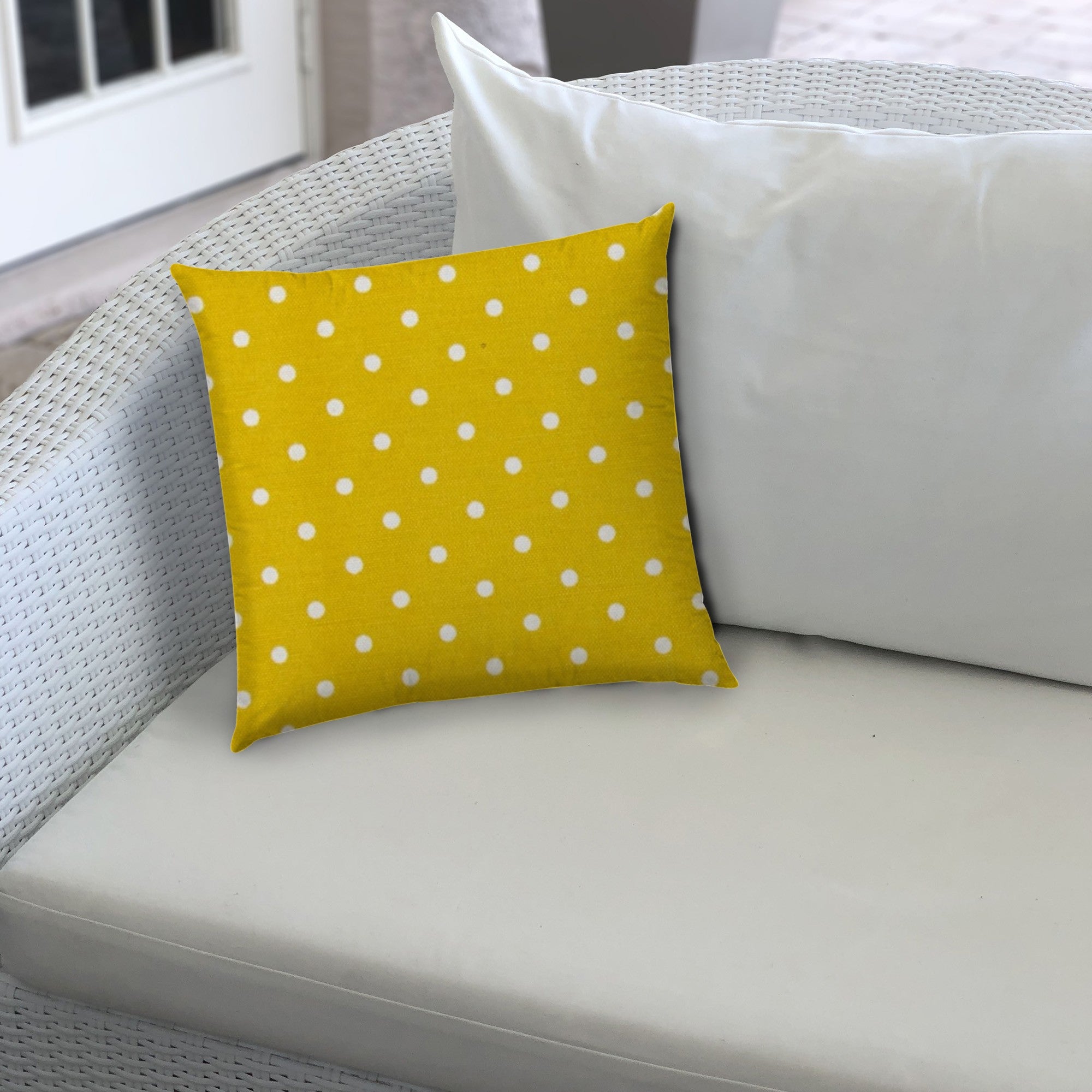 20" X 20" White And Yellow Blown Seam Polka Dots Throw Indoor Outdoor Pillow