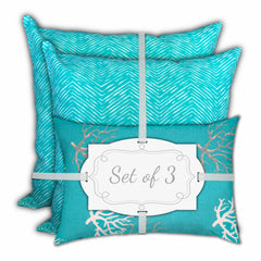 Set Of Three 18" X 18" Ocean Blue And White Corals Blown Seam Coastal Throw Indoor Outdoor Pillow