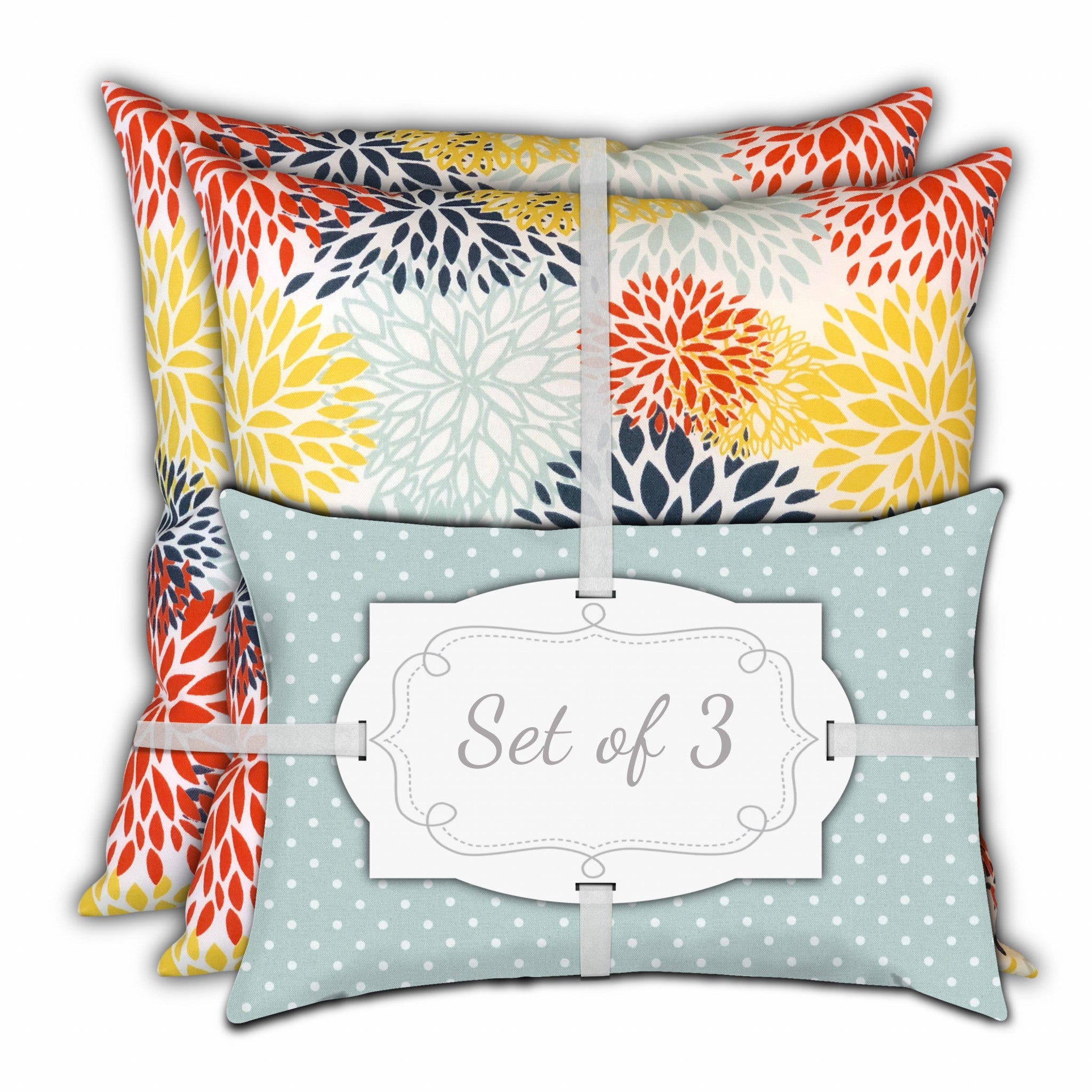 Set Of Three 18" X 18" Seafoam And White Blown Seam Floral Throw Indoor Outdoor Pillow