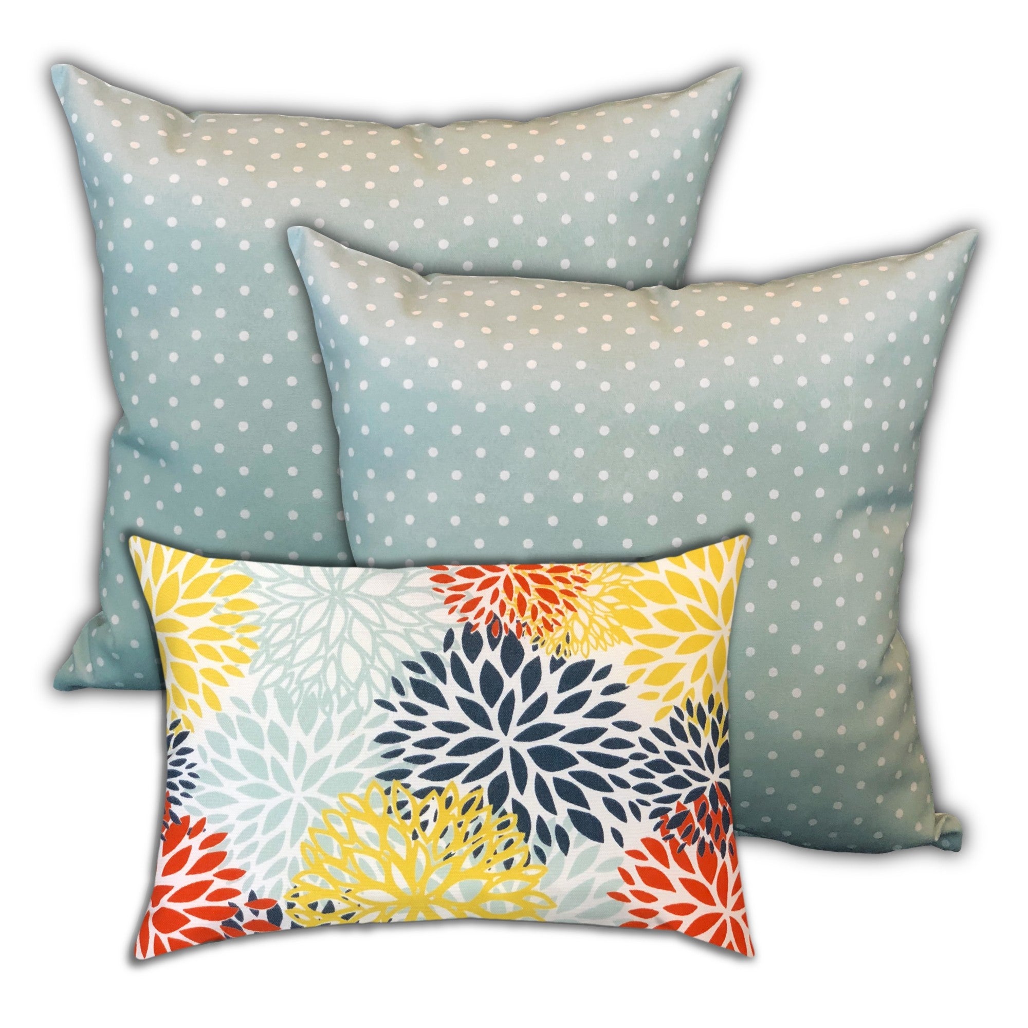 Set Of Three 18" X 18" Seafoam And White Blown Seam Polka Dots Throw Indoor Outdoor Pillow