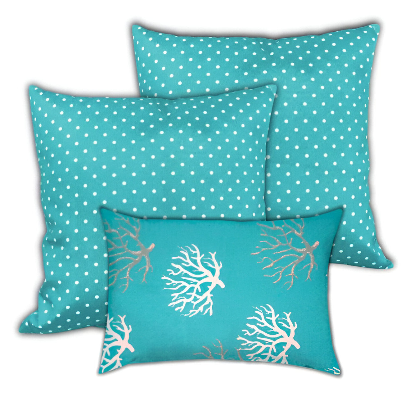 Set of Three Aqua and White Coral Polka Dot Indoor Outdoor Throw Pillow