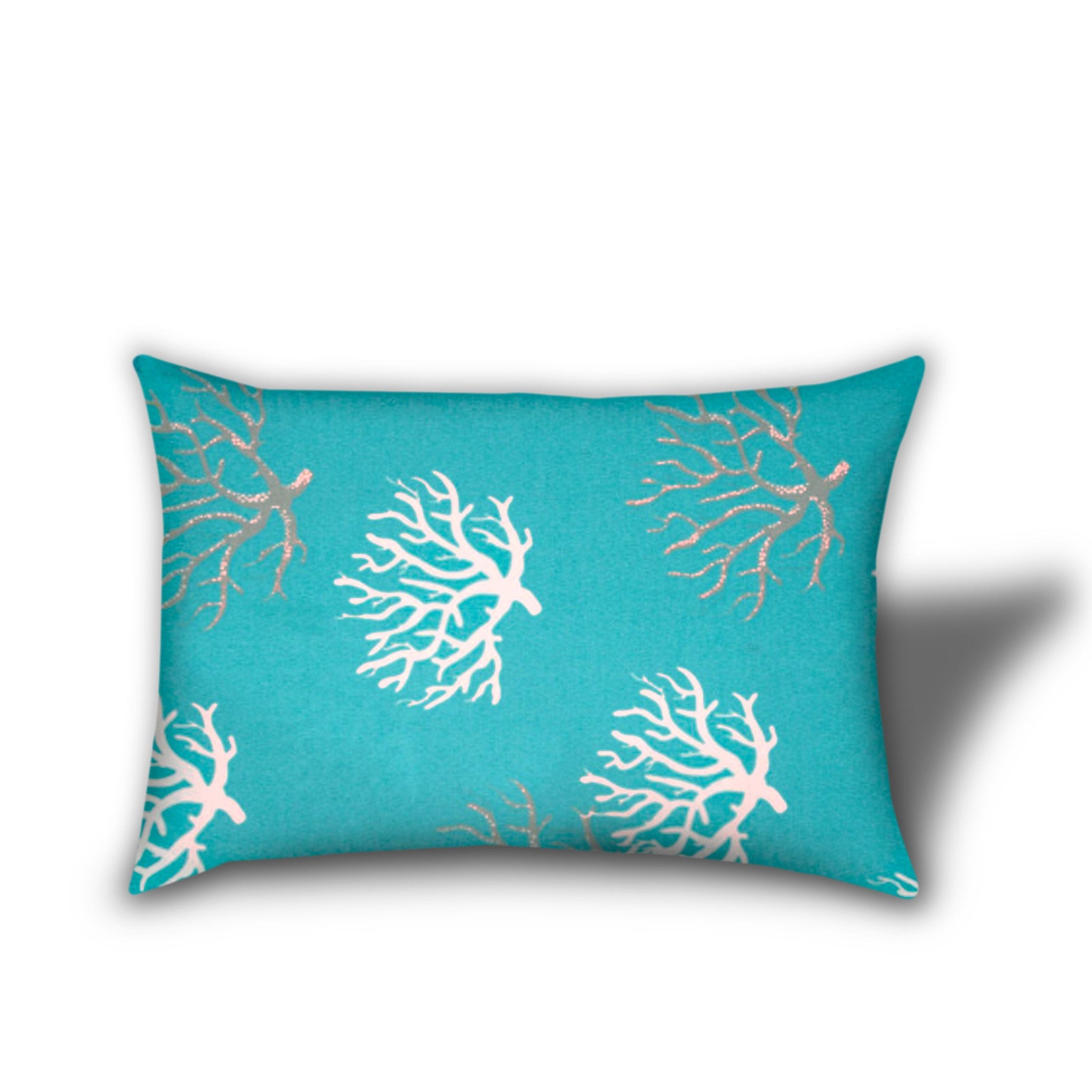 Set of Three Aqua and White Coral Polka Dot Indoor Outdoor Throw Pillow