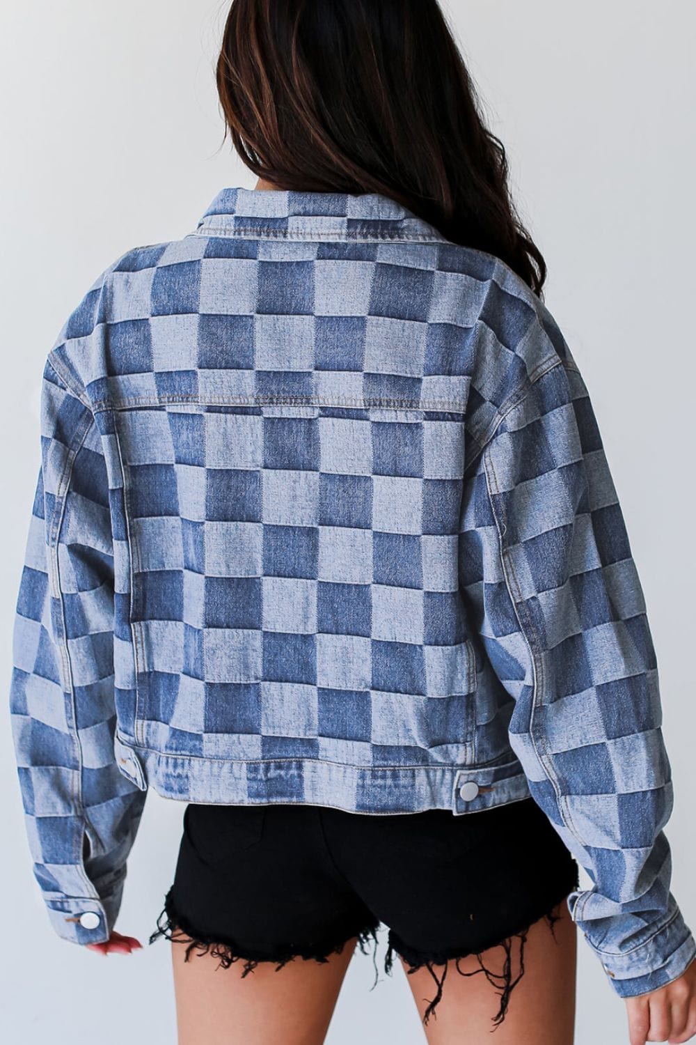 Checkered Button Up Denim Jacket - Trendsi