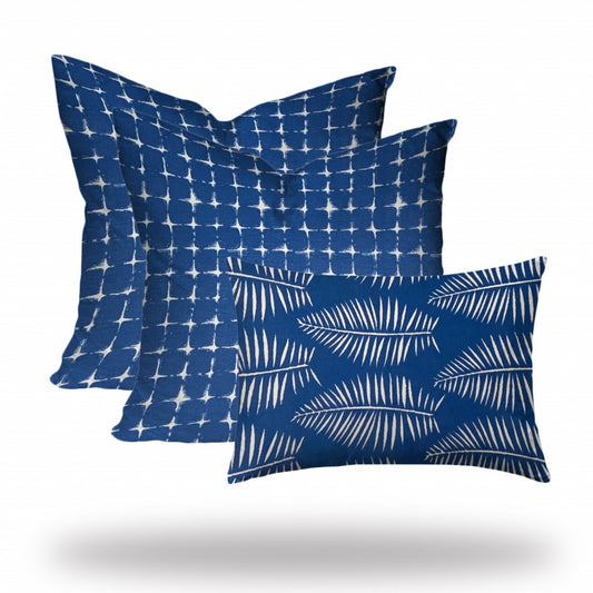 Set Of Three 20" X 20" Blue And White Blown Seam Gingham Throw Indoor Outdoor Pillow