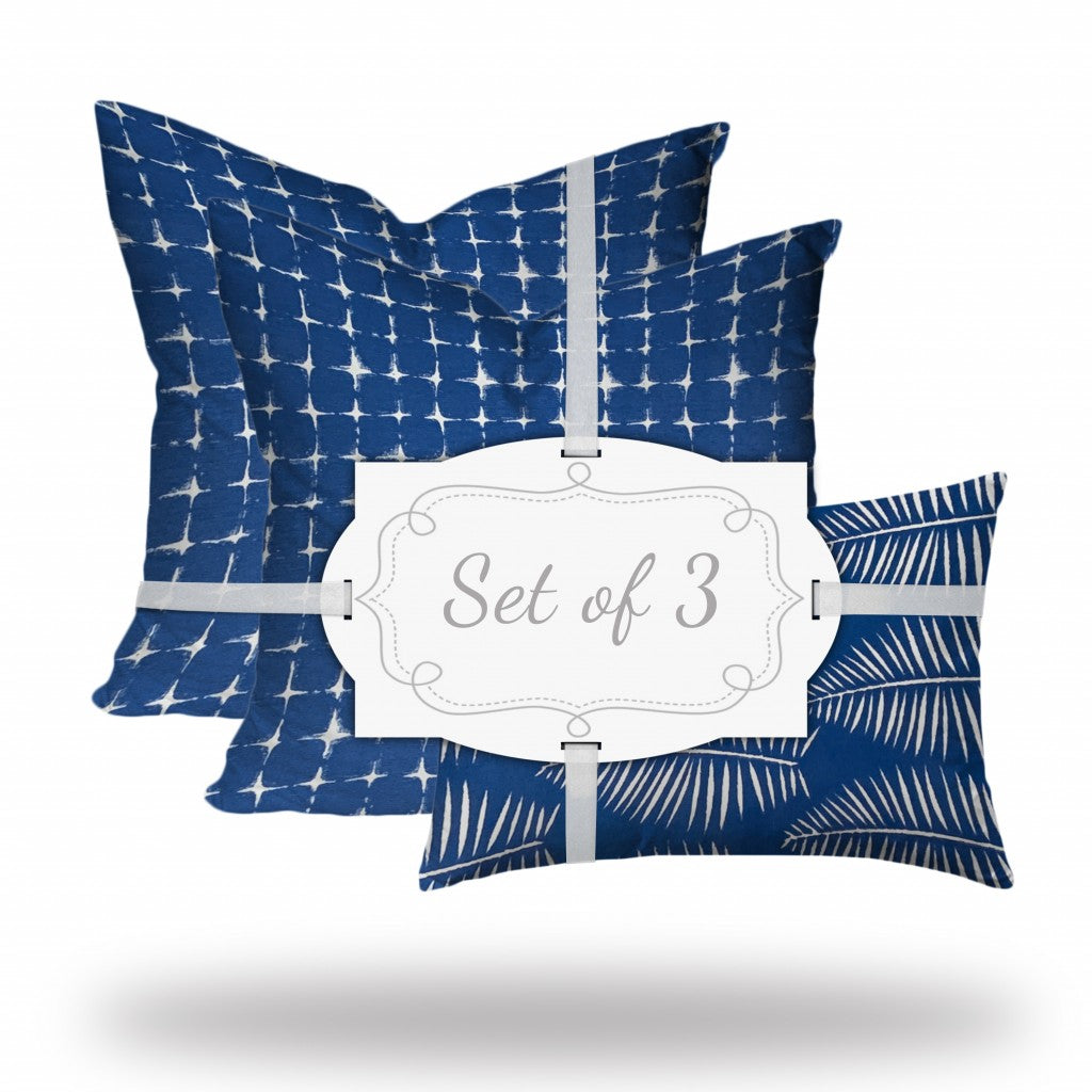 Set Of Three 20" X 20" Blue And White Blown Seam Gingham Throw Indoor Outdoor Pillow