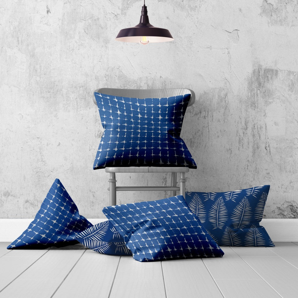 Set Of Three 20" X 20" Blue And White Enveloped Gingham Throw Indoor Outdoor Pillow