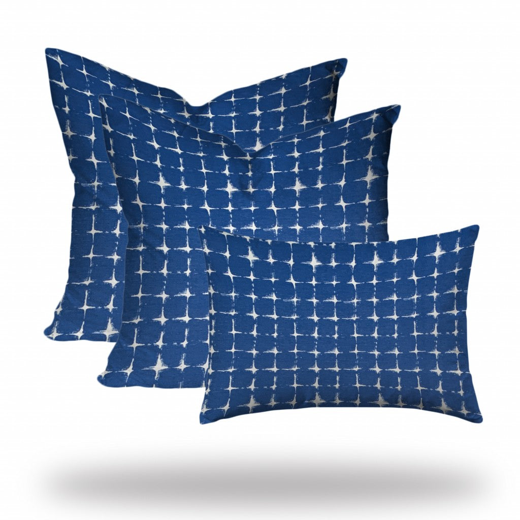 Set Of Three 20" X 20" Blue And White Zippered Gingham Throw Indoor Outdoor Pillow