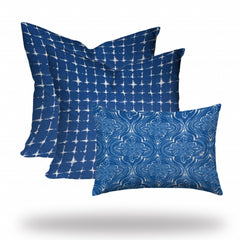 Set Of Three 20" X 20" Blue And White Blown Seam Gingham Throw Indoor Outdoor Pillow