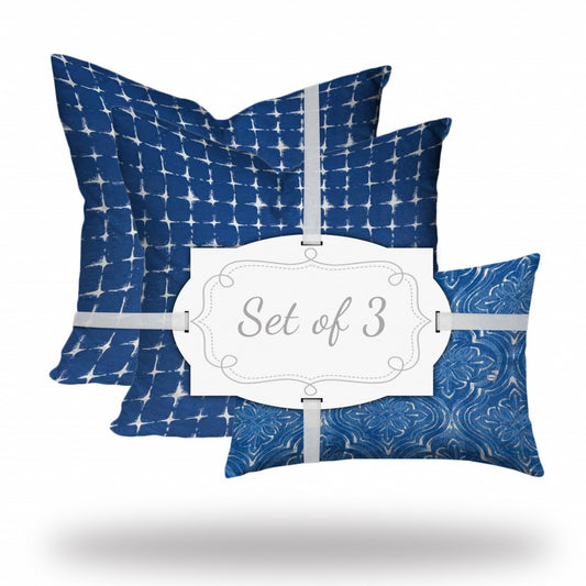 Set Of Three 20" X 20" Blue And White Blown Seam Gingham Throw Indoor Outdoor Pillow