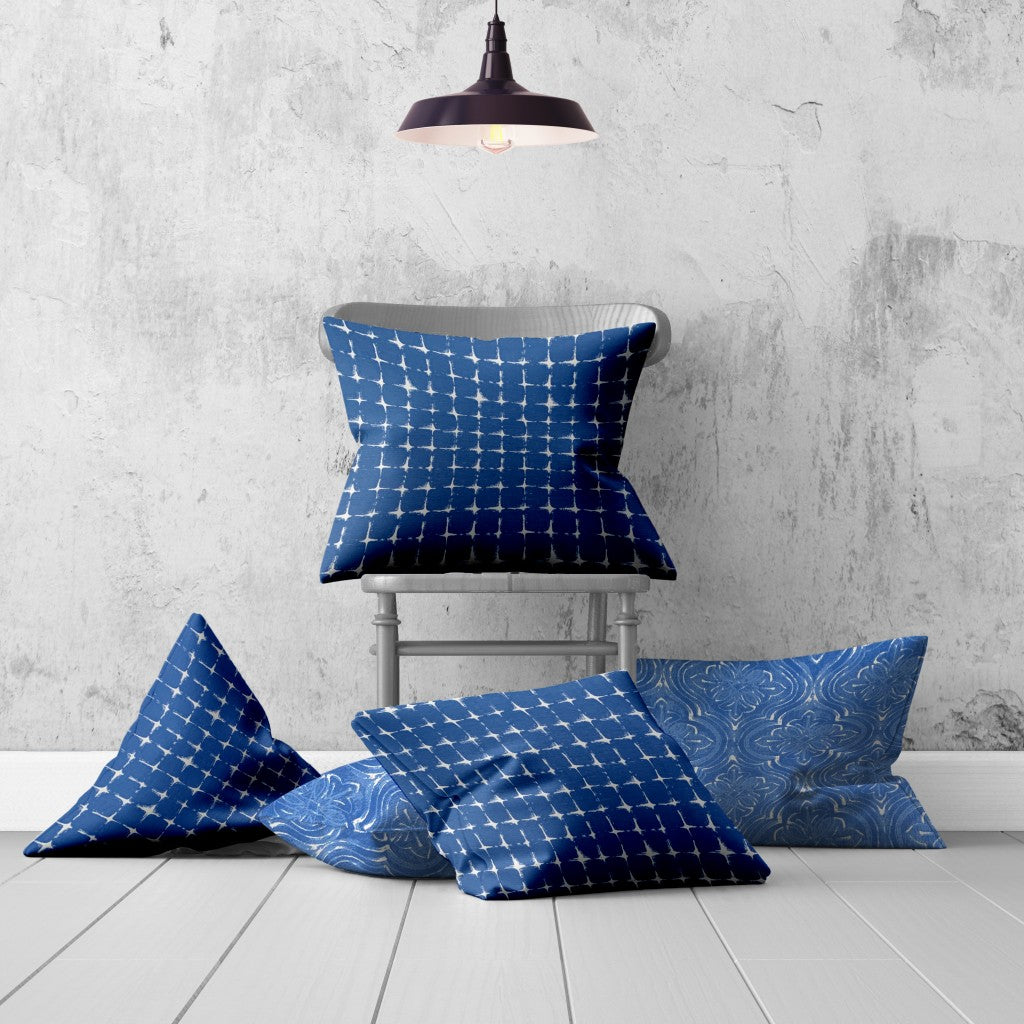 Set Of Three 20" X 20" Blue And White Blown Seam Gingham Throw Indoor Outdoor Pillow