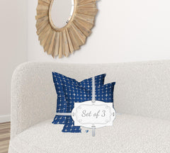 Set Of Three 20" X 20" Blue And White Blown Seam Gingham Throw Indoor Outdoor Pillow