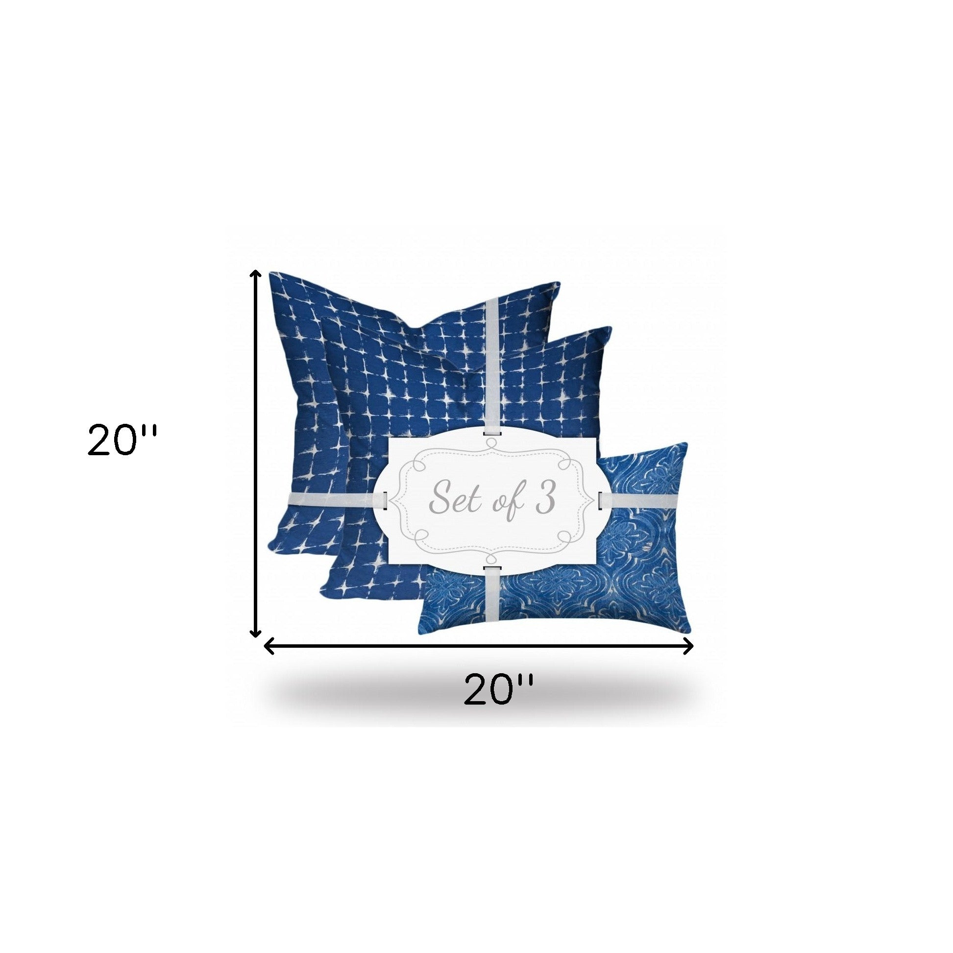 Set Of Three 20" X 20" Blue And White Zippered Gingham Throw Indoor Outdoor Pillow