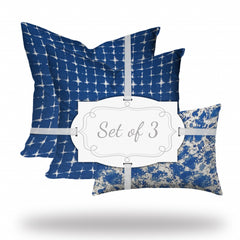 Set Of Three 20" X 20" Blue And White Blown Seam Coastal Throw Indoor Outdoor Pillow