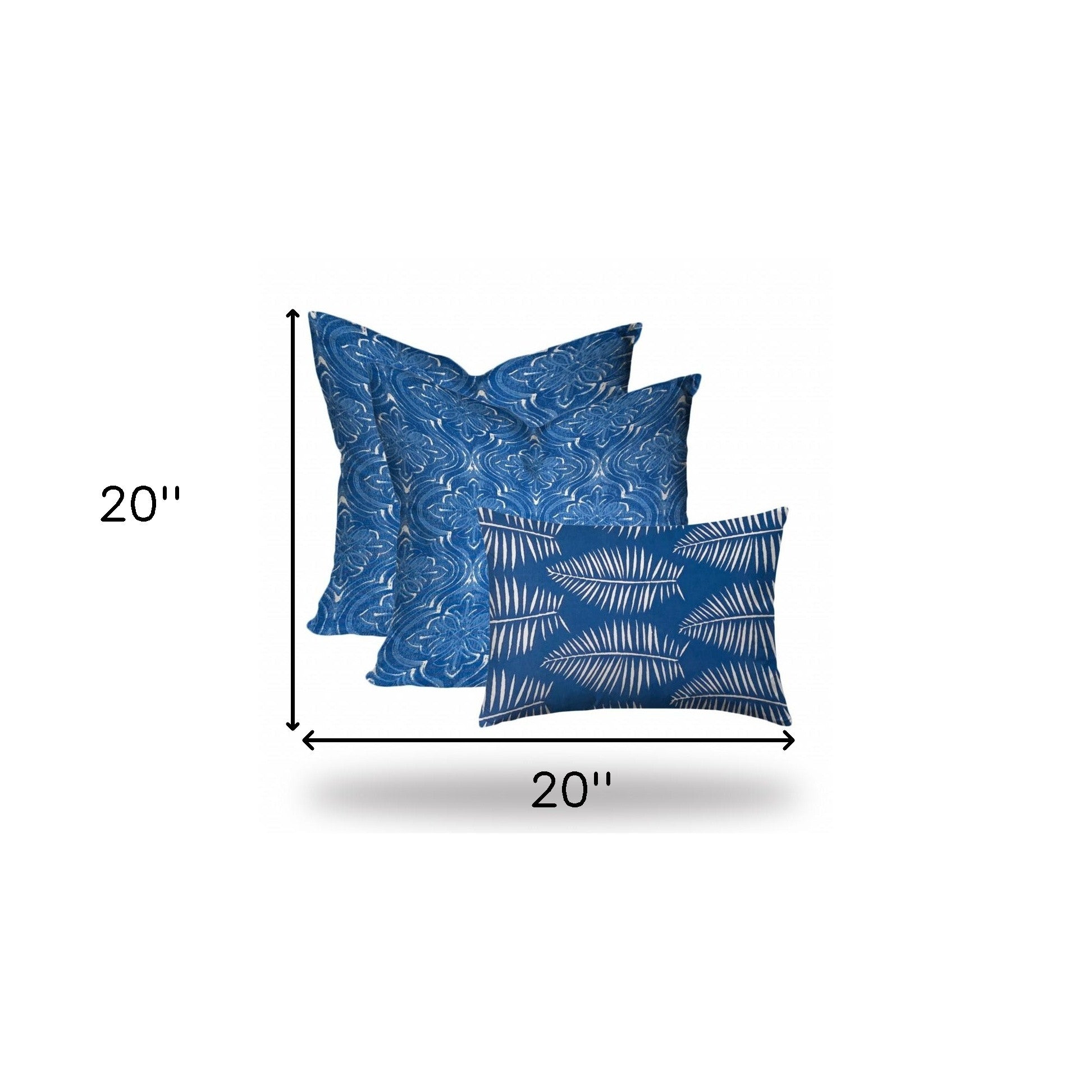 Set Of Three 20" X 20" Blue And White Blown Seam Coastal Throw Indoor Outdoor Pillow