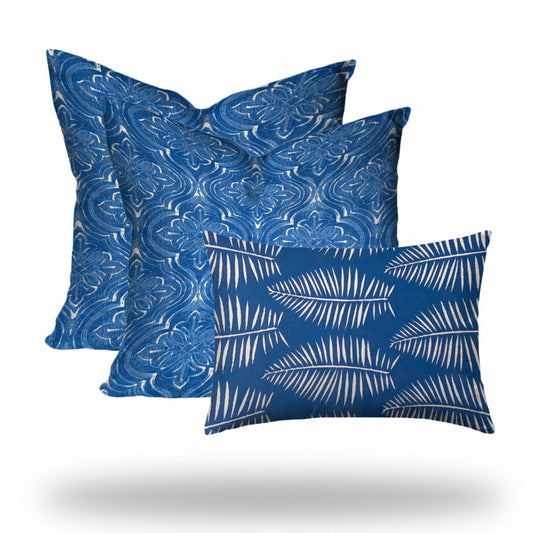 Set Of Three 20" X 20" Blue And White Enveloped Coastal Throw Indoor Outdoor Pillow