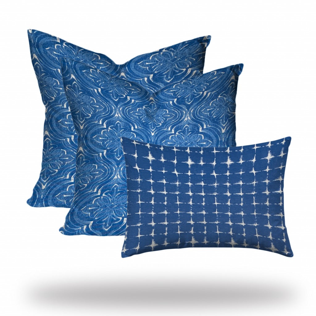 Set Of Three 20" X 20" Blue And White Blown Seam Coastal Throw Indoor Outdoor Pillow