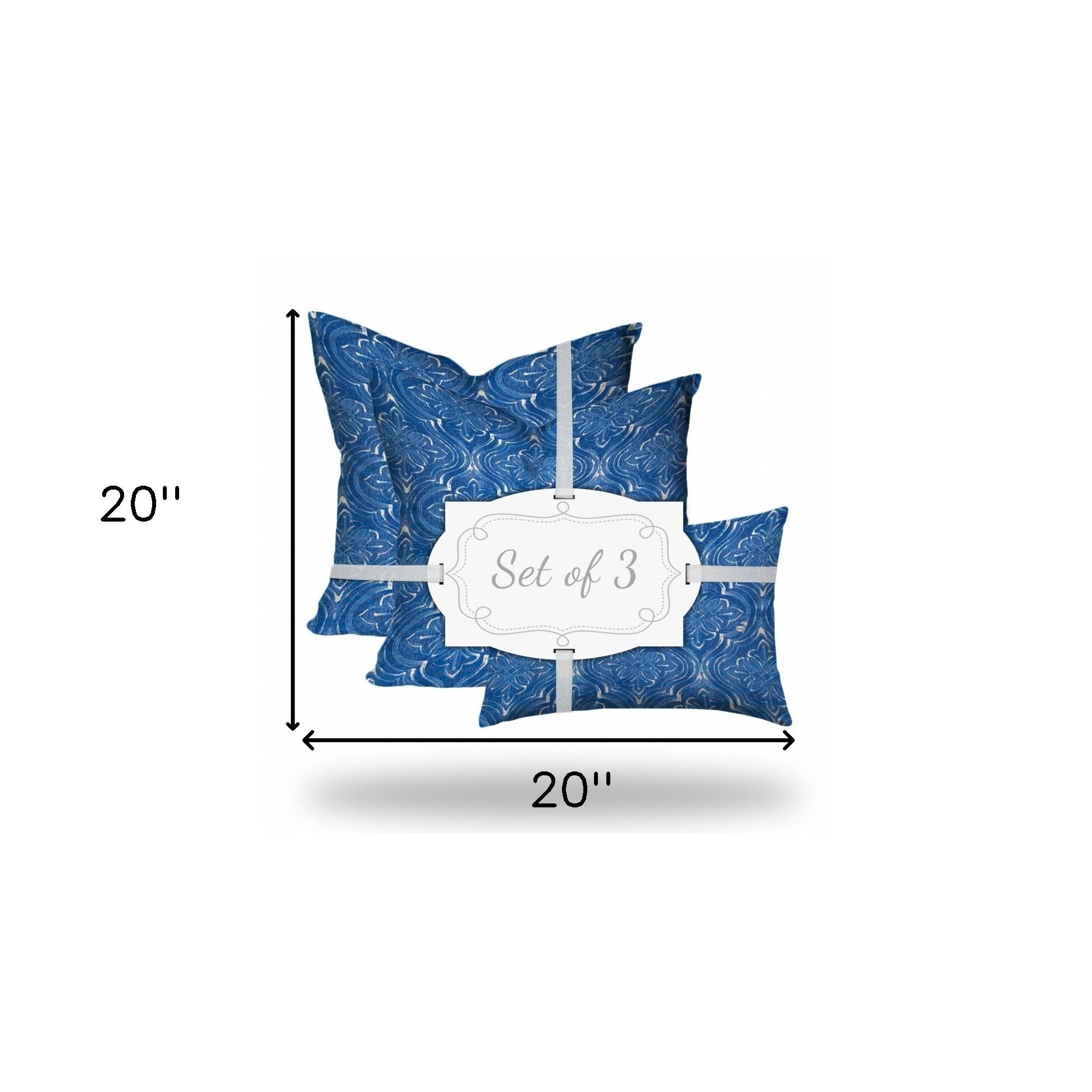 Set Of Three 20" X 20" Blue And White Enveloped Coastal Throw Indoor Outdoor Pillow