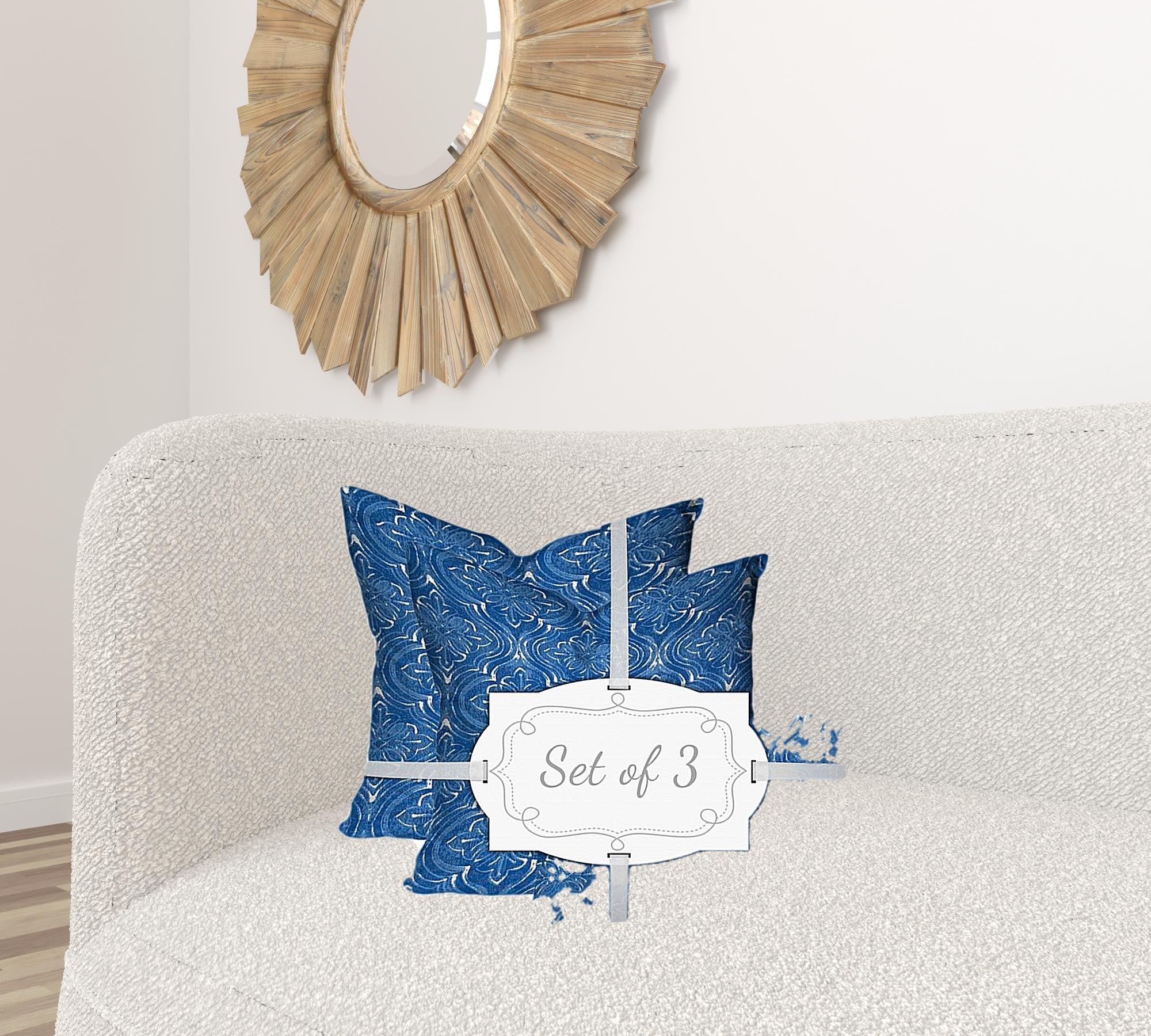 Set Of Three 20" X 20" Blue And White Zippered Coastal Throw Indoor Outdoor Pillow