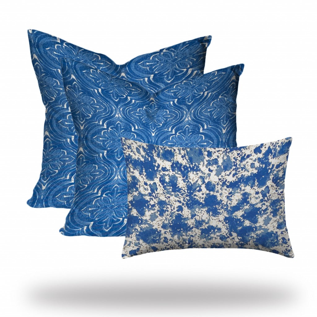 Set Of Three 20" X 20" Blue And White Blown Seam Coastal Throw Indoor Outdoor Pillow